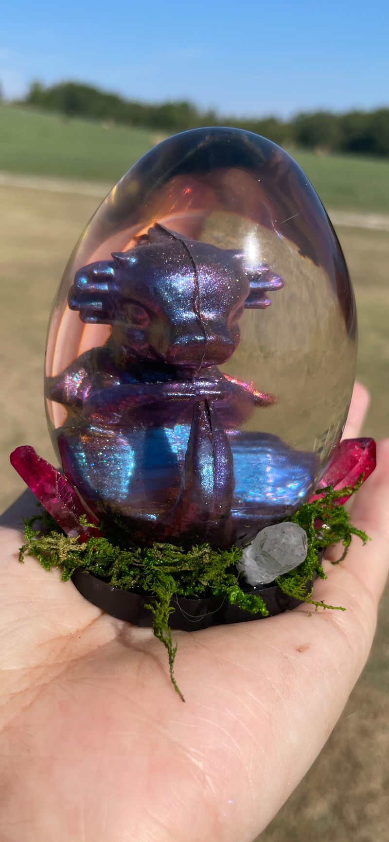 Baby Dragon Clear egg on Moss with Crystals